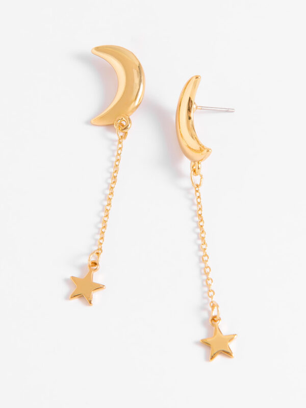 308829-O-00-SP Aretes largos en baño de oro con luna y estrella únicos
